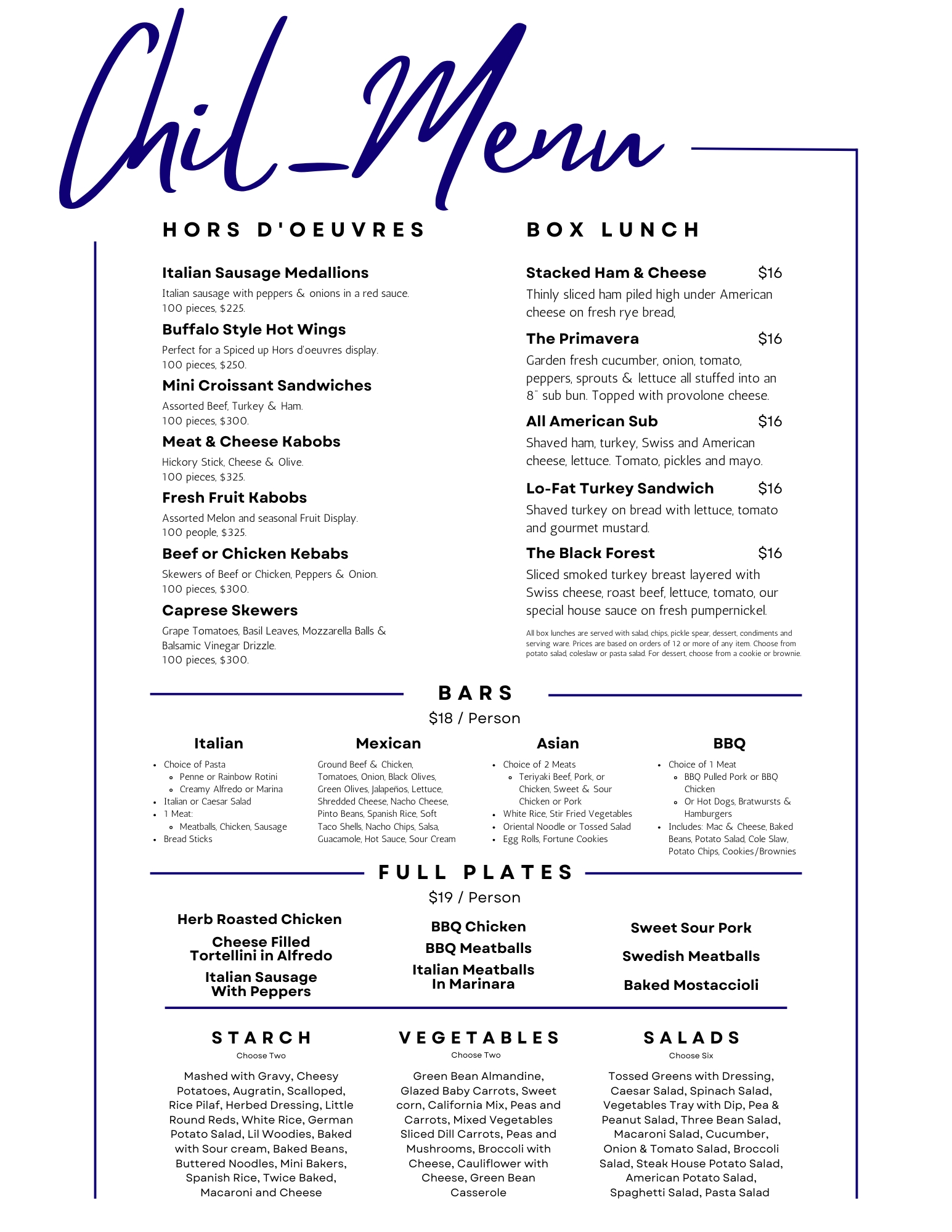 Chil_Menu — hors d'oeuvres, box lunch, bars, full plates, sides